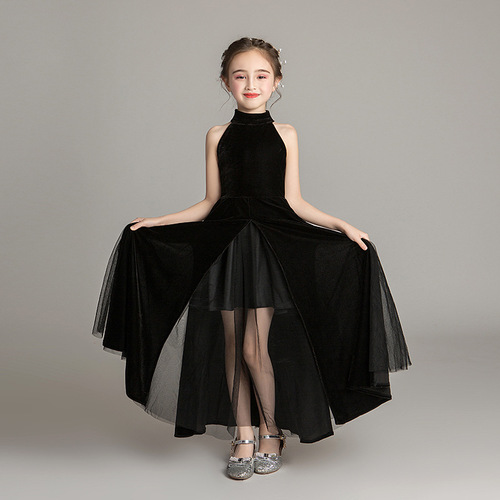 Children's Formal Dress 2024 New Arrival Black Sleeveless Model Runway & Host Long Piano Performance Outfit Girls' Princess Dress