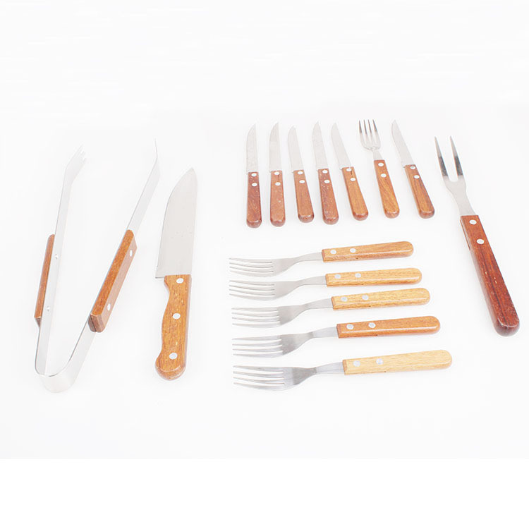 Barbacoas de acero inoxidable profesional hornear conjunto 15-pieza hogar portátil caja de color traje al aire libre mango de madera barbacoa herramienta Accesorios