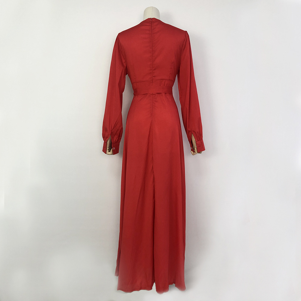 European And American Women's Clothing Cross-border Bohemian Deep V-neck With Slit, Slim-fit Solid Color Long Dress,_ecoleips.com