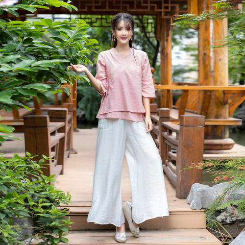 Yoga meditation clothing for women Loose solid color cotton and linen long-sleeved yoga Zen tea suit female two-piece suit