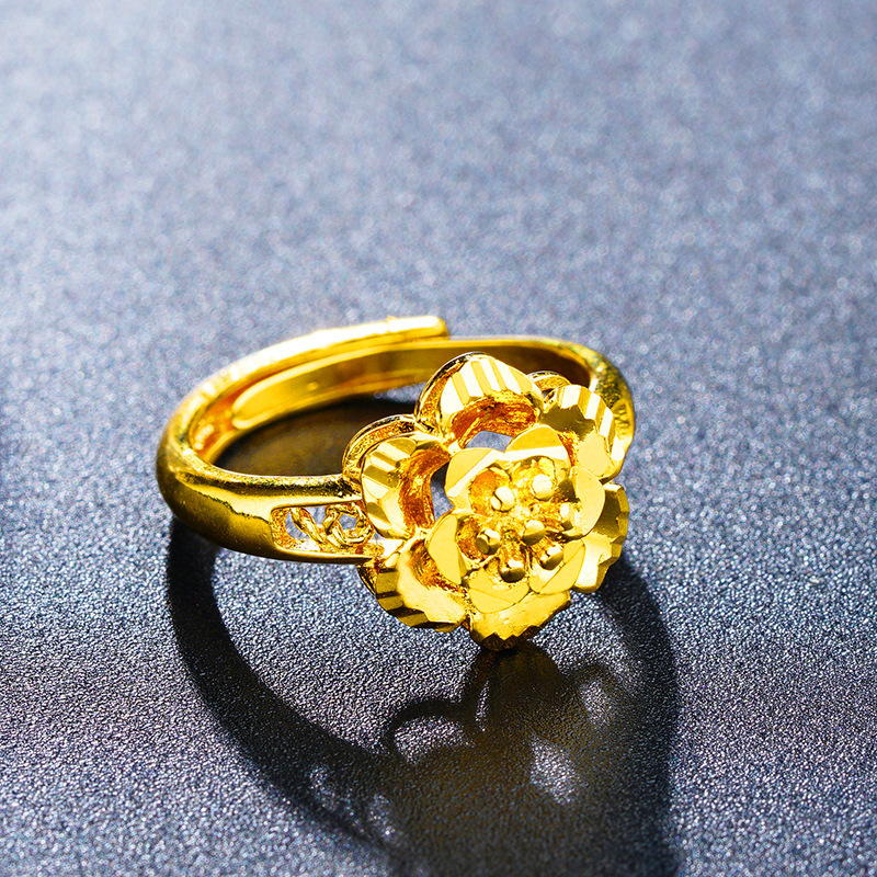 Venta al por mayor anillo de oro de Vietnam anillo de Flor de Oro de imitación femenina Latón chapado 24K oro abierto anillo femenino anillo de flor hueco
