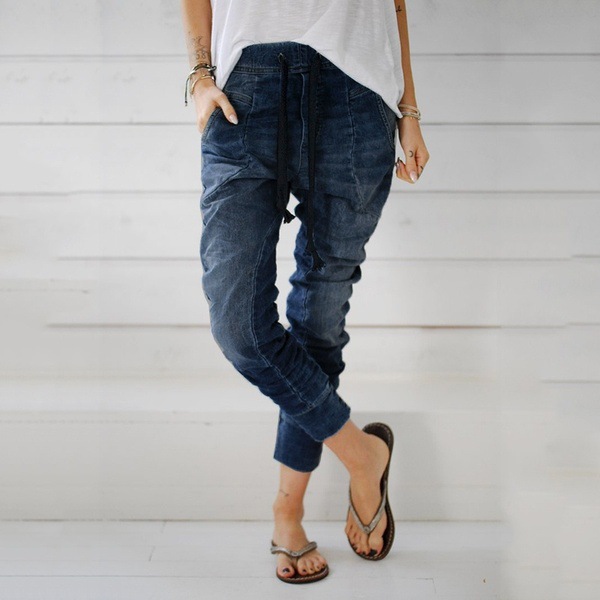 Damen Jeans Aus Denim Mit Bindegürtel Lässige Harun-hose_voghion.com