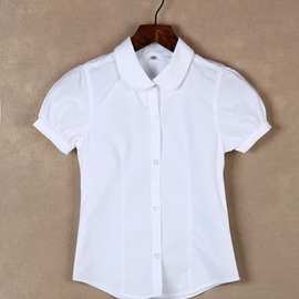 女童短袖白衬衫纯棉翻领花边领夏季中大童小学生校服儿童纯白衬衣