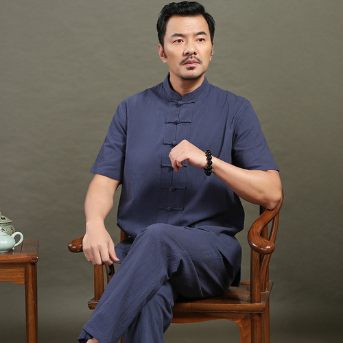 Tang suit short-sleeved summer cotton and linen men tang suit top and pants Chinese kung fu uniforms tai chi suit Chinese style meditation zen tea costumes