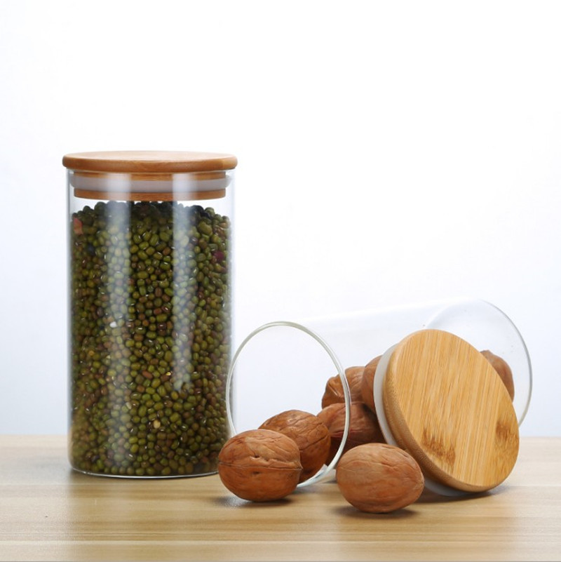 Directo de fábrica de alta vidrio de borosilicato sellado frasco botella vacía cubierta de bambú tarro de té tarro de almacenamiento de vidrio transparente