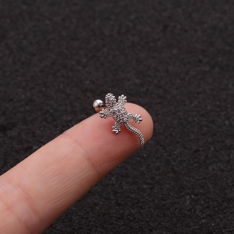 Personality Gecko Thin Rod Zircon Copper Earrings Wholesale display picture 6