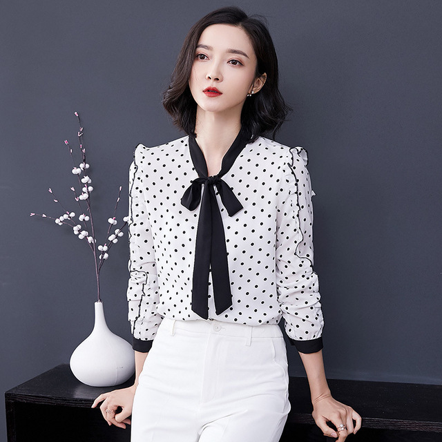 Chiffon New Point Shirt Bow-tie Bow-tie Bottom-edged Dot Top