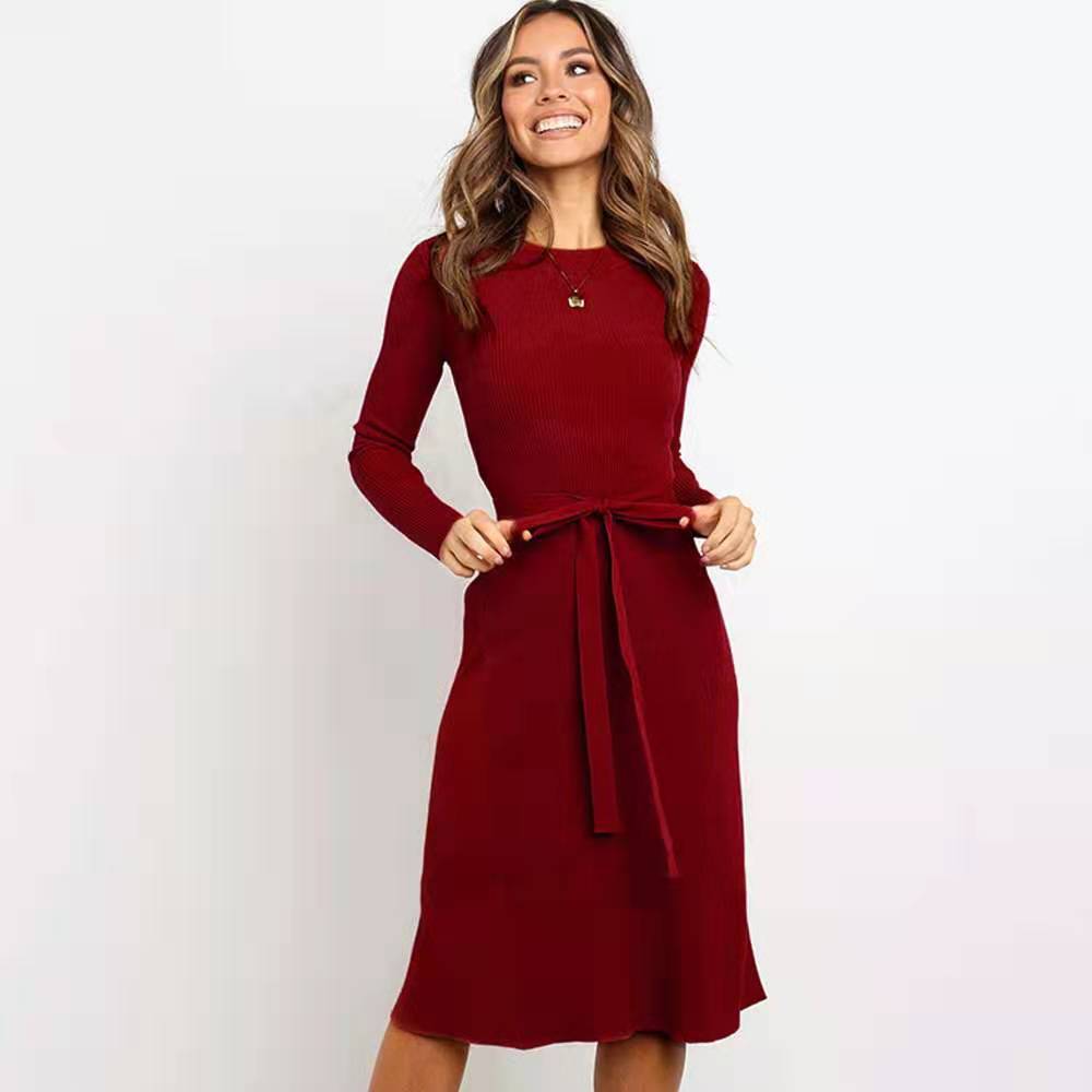  round neck long-sleeved lace-up solid color dress knitted mid-length skirt NSYD3720