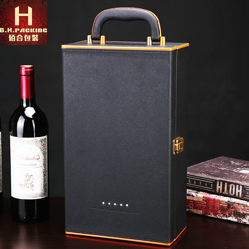 现货供应 施华洛水钻双支红酒包装盒 定做高档皮质镶钻葡萄酒礼盒|ms