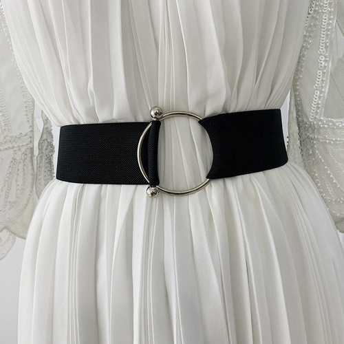 Black simple waistband elastic elastic women's belt wide round buckle decorative waist coat sweater fashion with skirt
