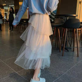 2019春装韩版中长款很仙的网纱百褶裙网红蛋糕裙高腰半身裙A字裙