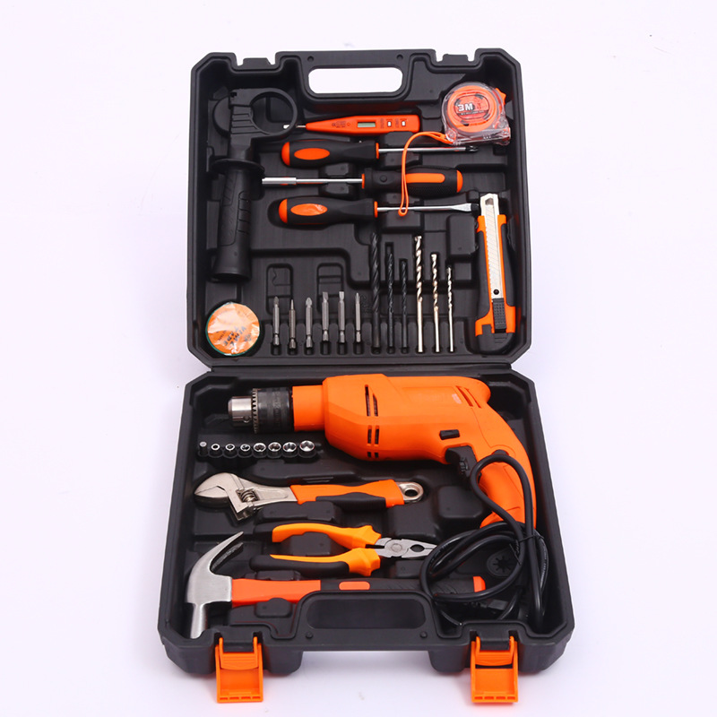 Taladro de mano para el hogar multifunción taladro de impacto traje taladro eléctrico pequeña caja de herramientas conjunto pistola de mano taladro personalización