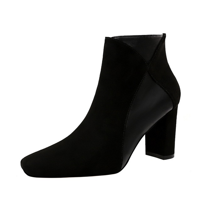 European and American style fashion， simple all-around， simple thick heel square head sexy thin， suede splicing bo