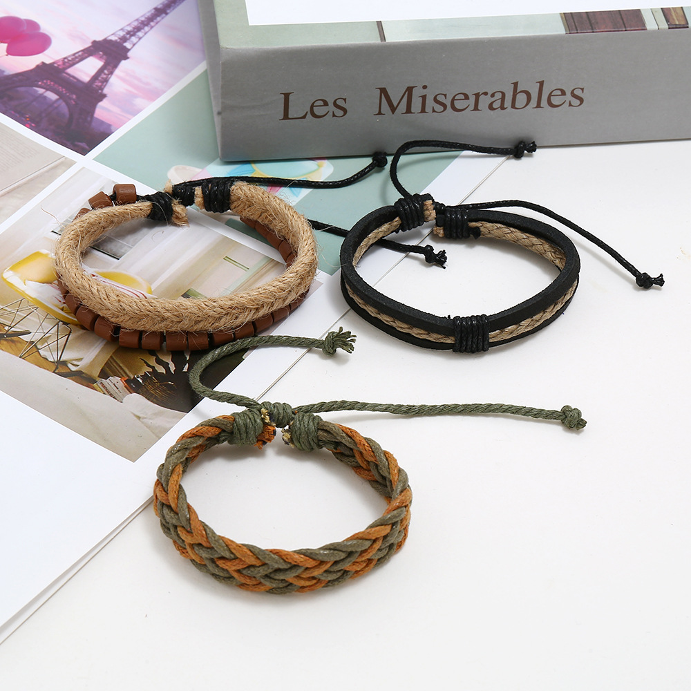 Croix-frontière Nouvelle Arrivée Européen Et Américain Vintage Armure Bovins En Cuir Bracelet Diy Trois-pièce Chanvre Corde Bracelet D'une Seule Pièce Dropshipping display picture 4