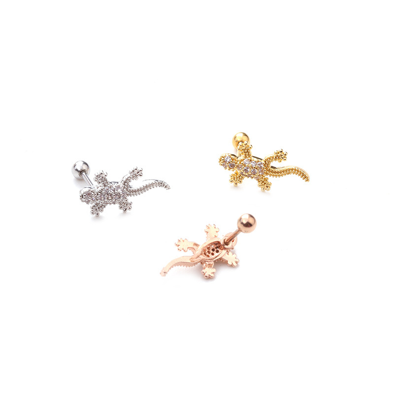 Personality Gecko Thin Rod Zircon Copper Earrings Wholesale display picture 4