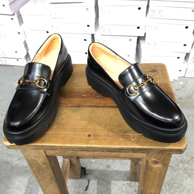 女皮鞋2019新款韓版黑色壹腳蹬馬銜扣小皮鞋女松糕厚底休閑單鞋女