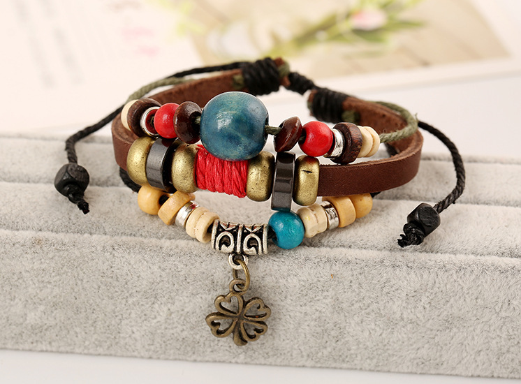 Retro Four Leaf Clover Pu Leather Alloy Beaded Layered Unisex Bracelets display picture 4