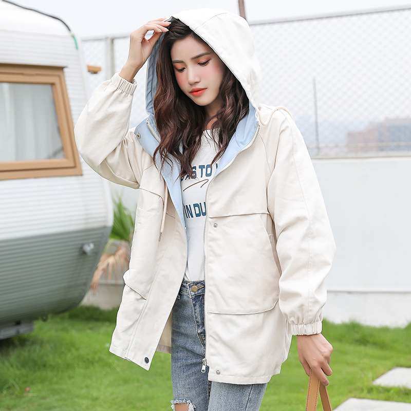 秋裝女2019新款外套時尚百搭女式風衣 韓版連帽氣質外套壹件代發