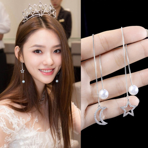 Korea S925 silver needle five-pointed star moon leaf ice flower four-leaf clover hair ball ear wire long earrings for women