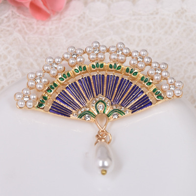 青岛好真美饰品仿珍珠扇子胸针复古vintage珐琅中国古风扇子胸花