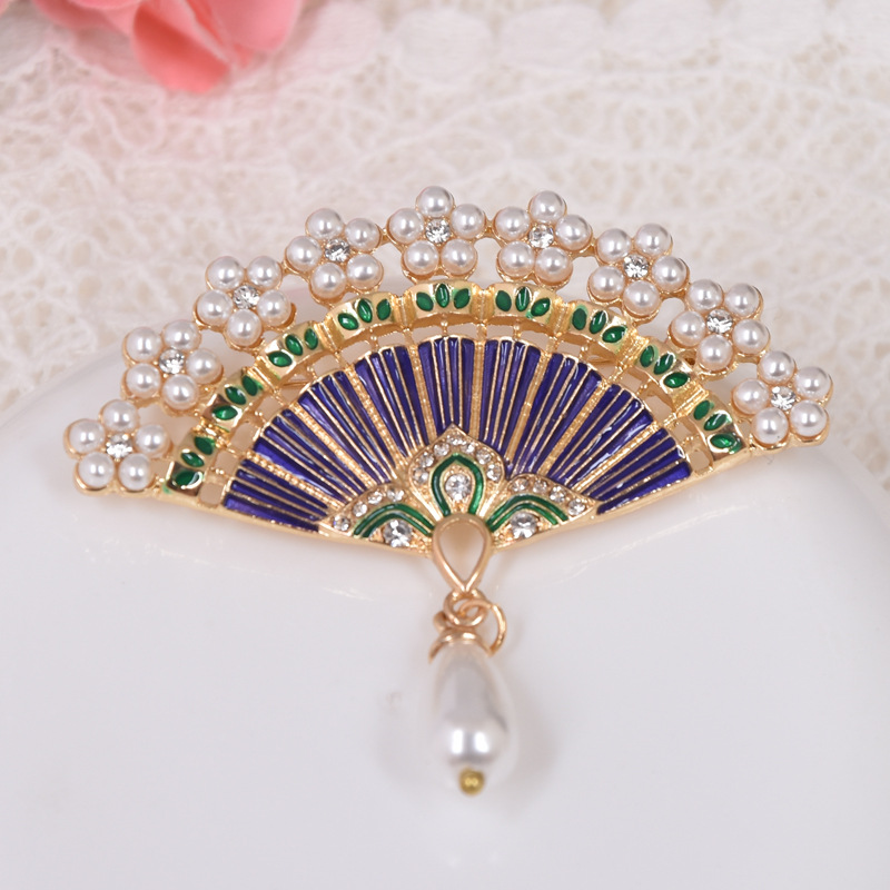 青岛好真美饰品仿珍珠扇子胸针复古vintage珐琅中国古风扇子胸花