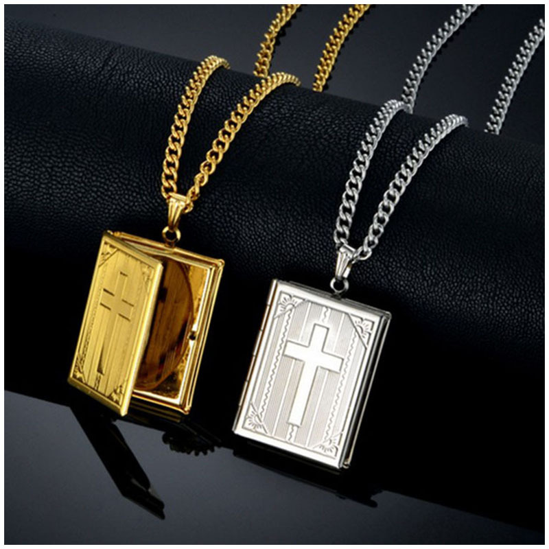 Bijbel Magic Box Cross Brass hanger ketting, mannelijke open frame hanger, plaats foto ketting_voghion.com