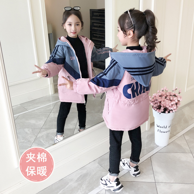 2019 new pattern Autumn and winter girl Mid length version thickening coat Child folder Cotton windbreaker CUHK cotton-padded clothes Pizex