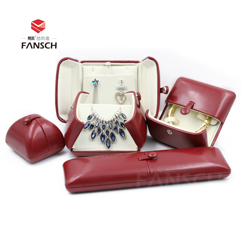 红色PU皮 创意双开按扣首饰盒 高档珠宝盒戒指盒吊坠盒手镯盒套盒