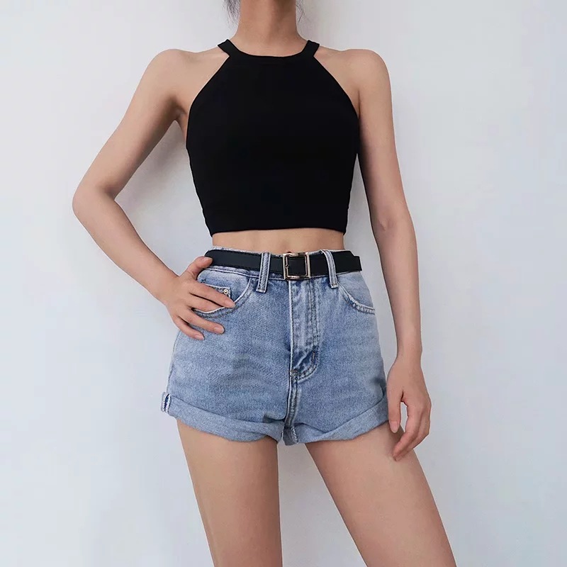 high waist crimped cuffed denim shorts NSAC16266