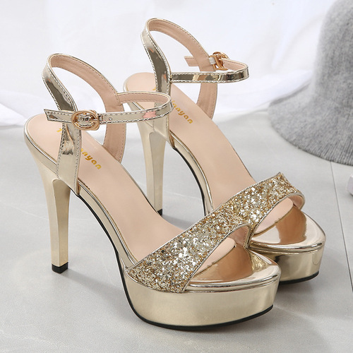  new fashion waterproof platform sequined buckle stiletto heel super high heel wedding banquet fashion women's single shoes sandals