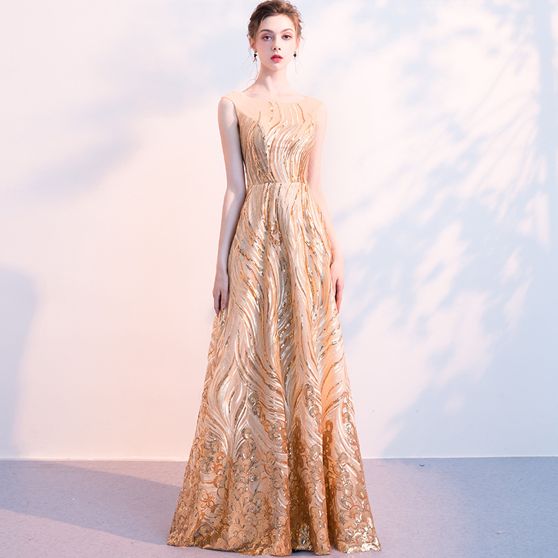 Golden evening dress for women 2023 spring new banquet elegant long sequined elegant socialite host dress