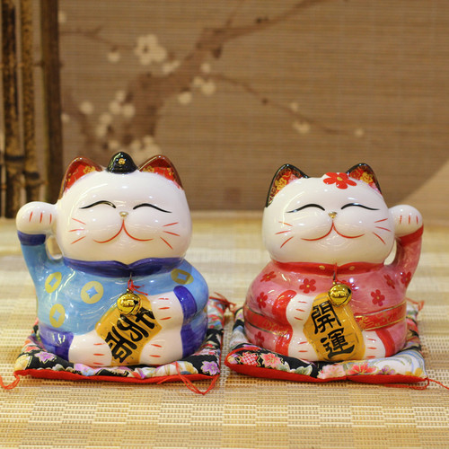 Le Meow lucky cat 6-inch ceramic crafts couple cat piggy bank ornaments opening gifts fortune cat