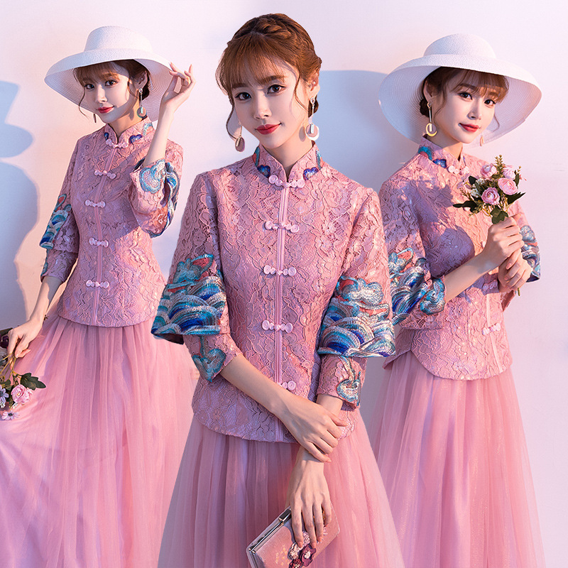 中式伴娘服女2021新款複古中國風姐妹團年會禮服漢服伴娘裙秋季