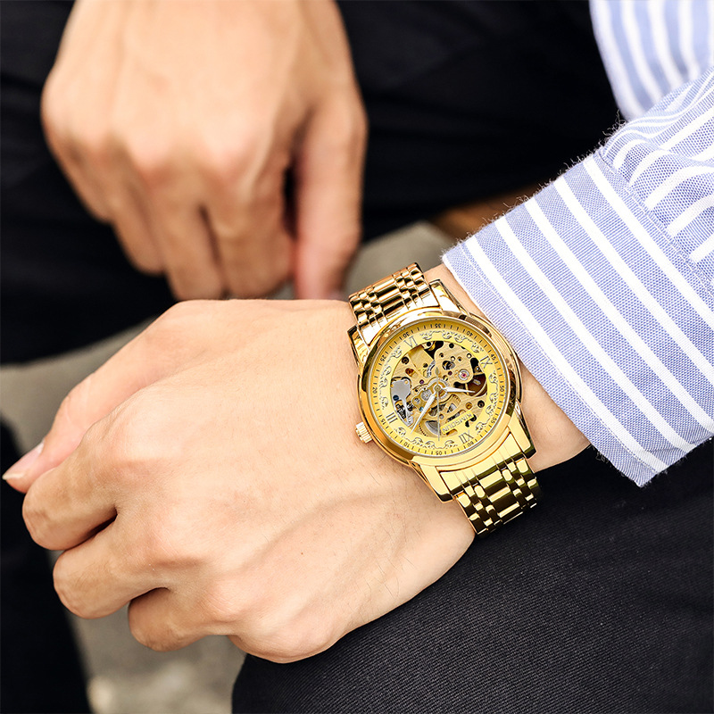 Nuevo reloj de banda de acero de negocios de la marca Kingston, reloj completamente automático para hombres, reloj ahuecado resistente al agua para hombres_voghion.com