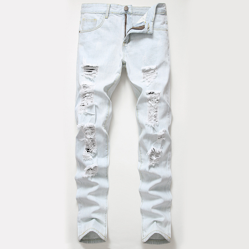 boy 2019 New Cross-Border Fashion European And American Style Ripped Men's Washed Light White Straight Large Size Jeans Men_viptrois.com