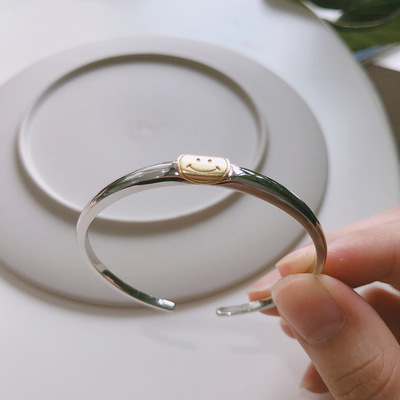 韩国韩版S925纯银简约素银复古工艺单线开口笑脸网红手镯手环