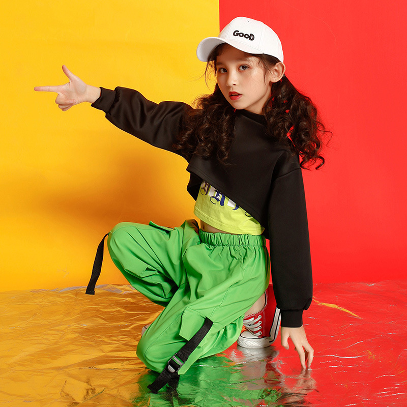 Green Cargo pants hiphop costumes for girls Jazz dance hip-hop clothing  children girls hip-hop 3pieces in one set performance costumes girl children