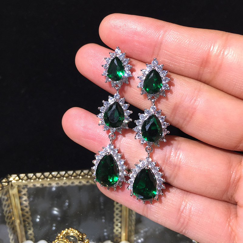 S925 Silver Needle Emerald Earrings Long Ultra Flash Accessories Water Drop Tassel Earrings display picture 3