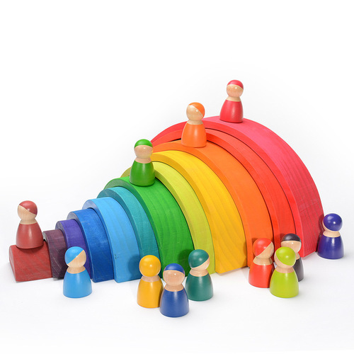 Foreign trade solid wood rainbow building blocks 12-color arched building blocks kindergarten puzzle early education stacking high toys 3-10 years old