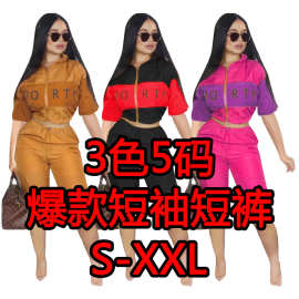 D9100跨境女装亚马逊wish爆款欧美女装 字母印花拼接短袖短裤套装