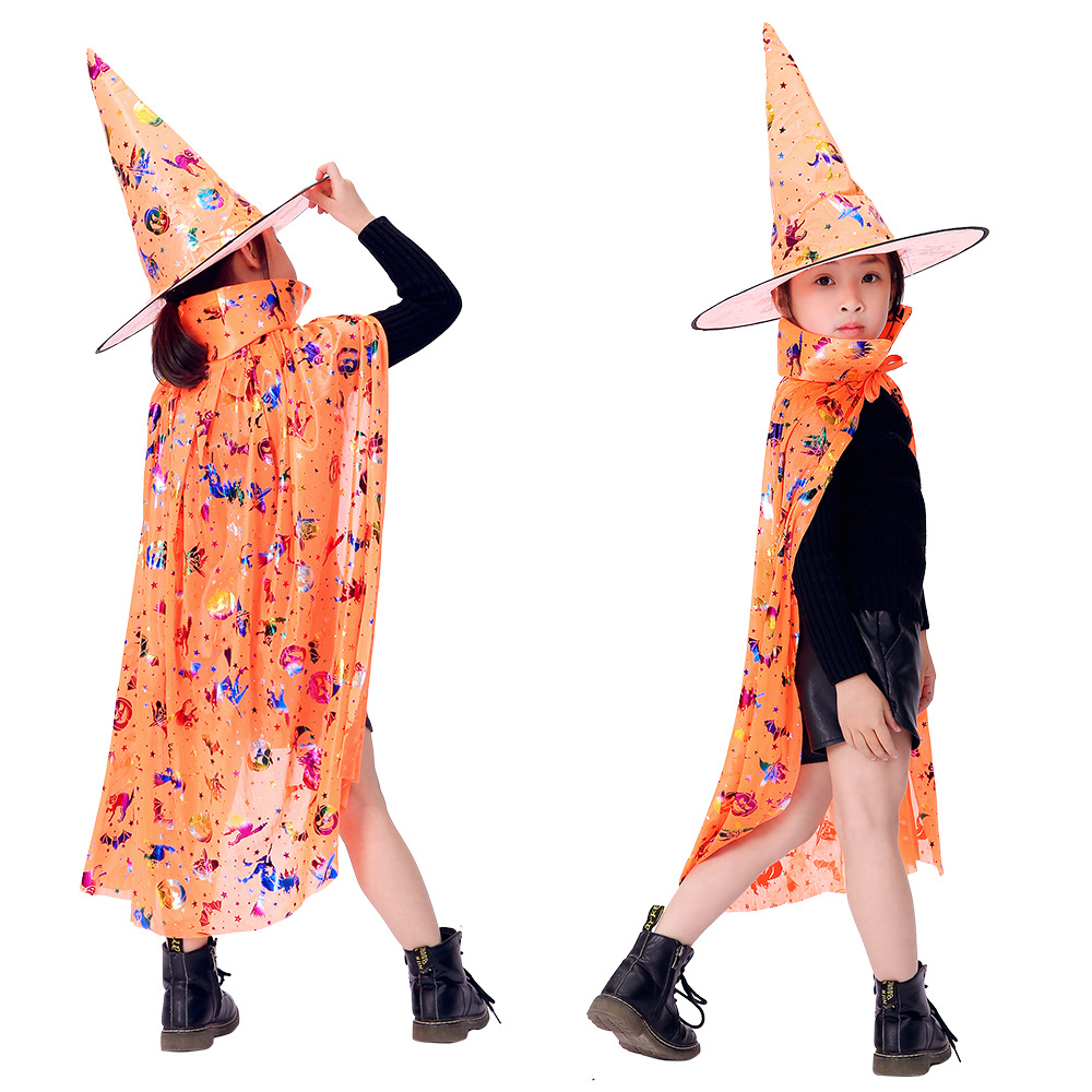Nuevo capas de Halloween para niños cosplay magia bruja sombrero capas de jardín de infantes espectáculo vestuario