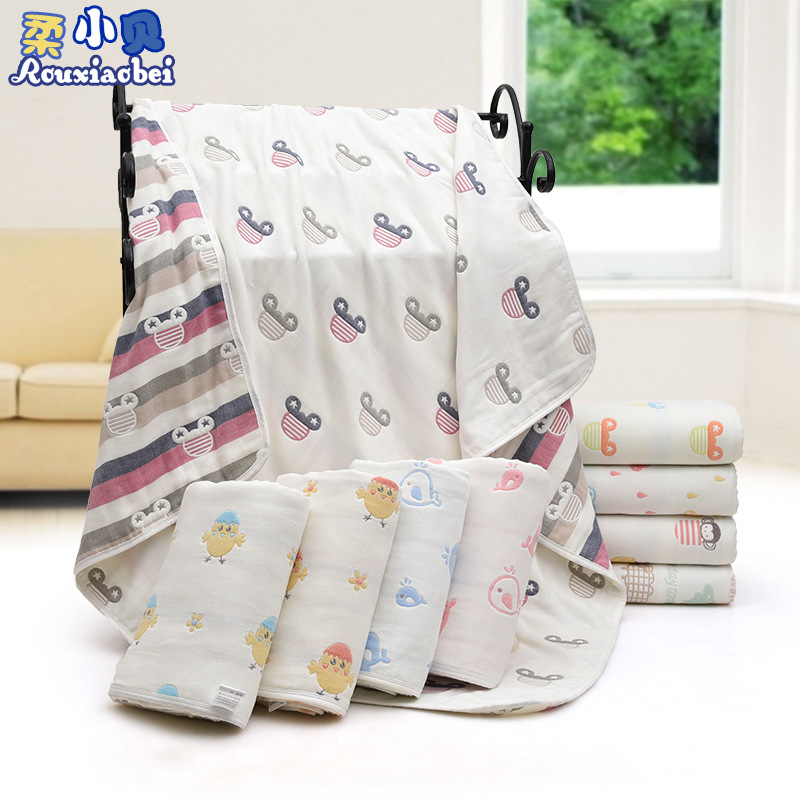 6六層浴巾嬰兒童被純棉紗布吸水提花新生嬰幼兒蓋毯卡通壹件代發