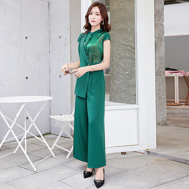 New Fashion Round-collar Stitching Slim Broad-legged Trousers Suit