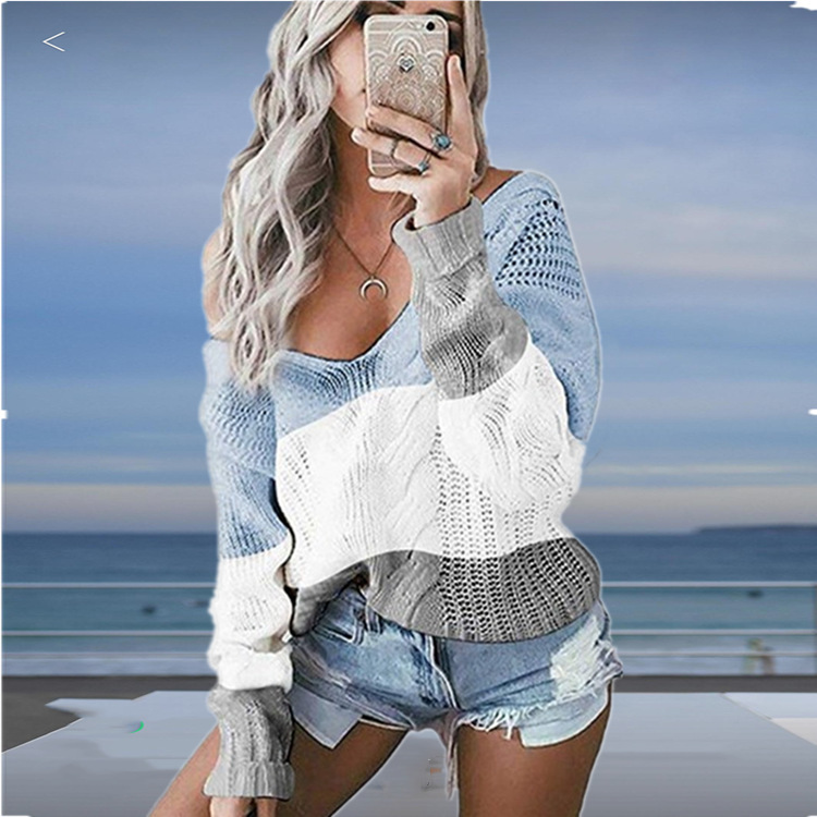 Ropa de mujer transfronteriza AliExpress Amazon popular europeo y americano prendas de punto en V color sólido contraste color Twist pullover mujeres