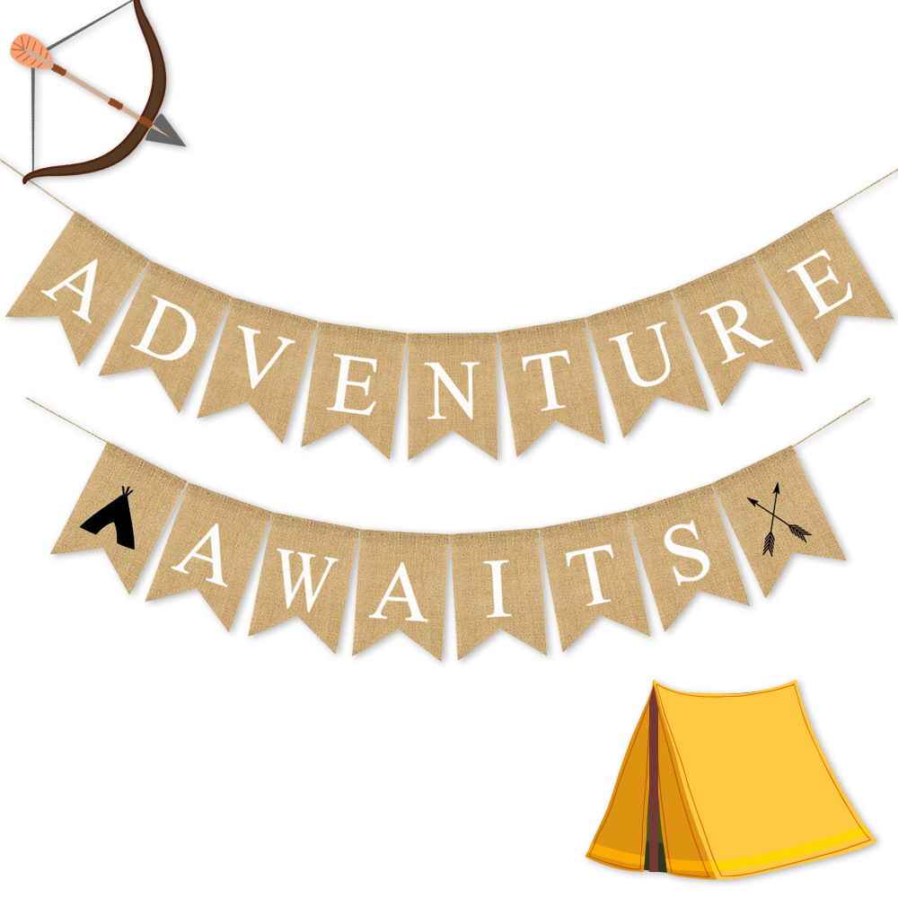 ADVENTURE  AWAITS退休冒险主题派对装饰用品麻布拉旗旗帜批发