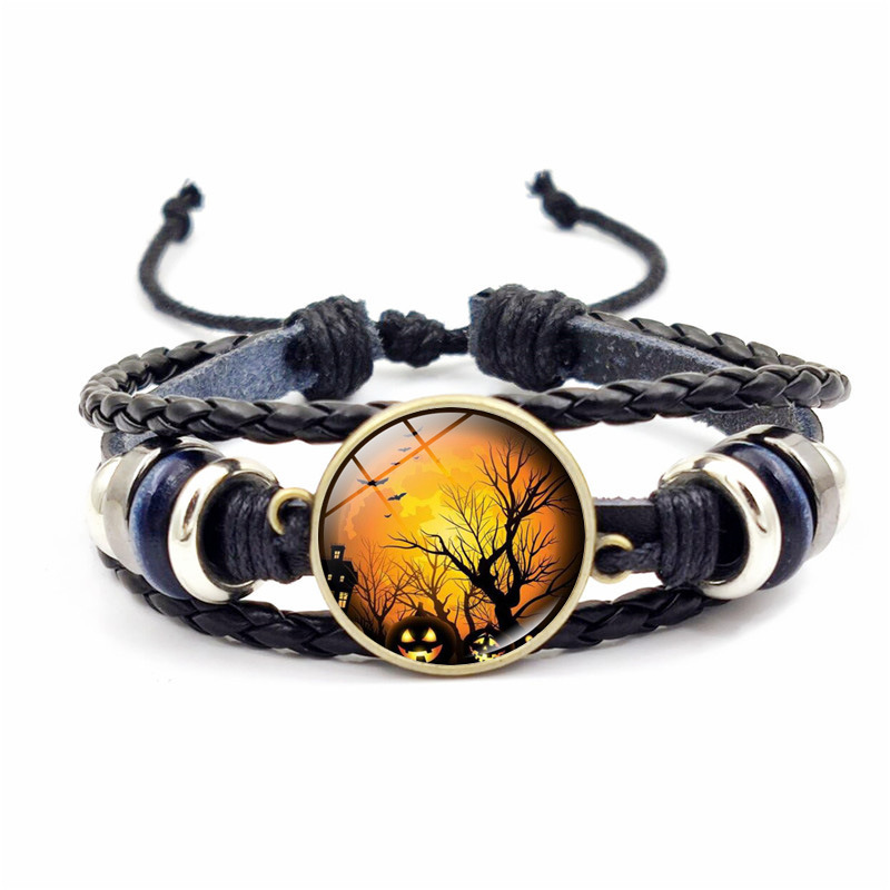 Vintage Bronze Halloween Braided Bracelet With Time Gems Design_voghion.com