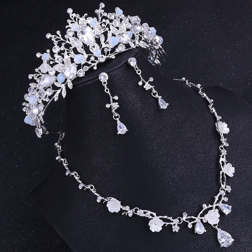 Korean new wedding set Baroque handmade crown flower inlaid with zircon bridal necklace and earrings three-piece set