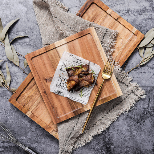Black Western Food Plate Square Japanese Wooden Tray Steak Sushi Western Food Plate Solid Wood Tray Pizza Hotel Plate