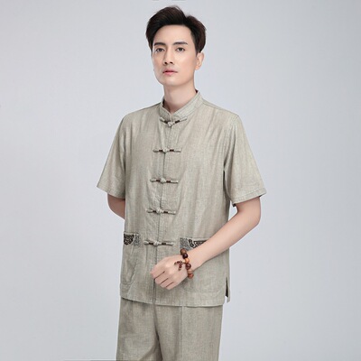 Chinese Tang suit for Men short sleeve button cotton hemp cover