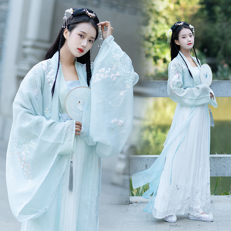 2019清新汉服雪纱大袖衫日常服仙女外披雪纺外套中国风复古绣花女